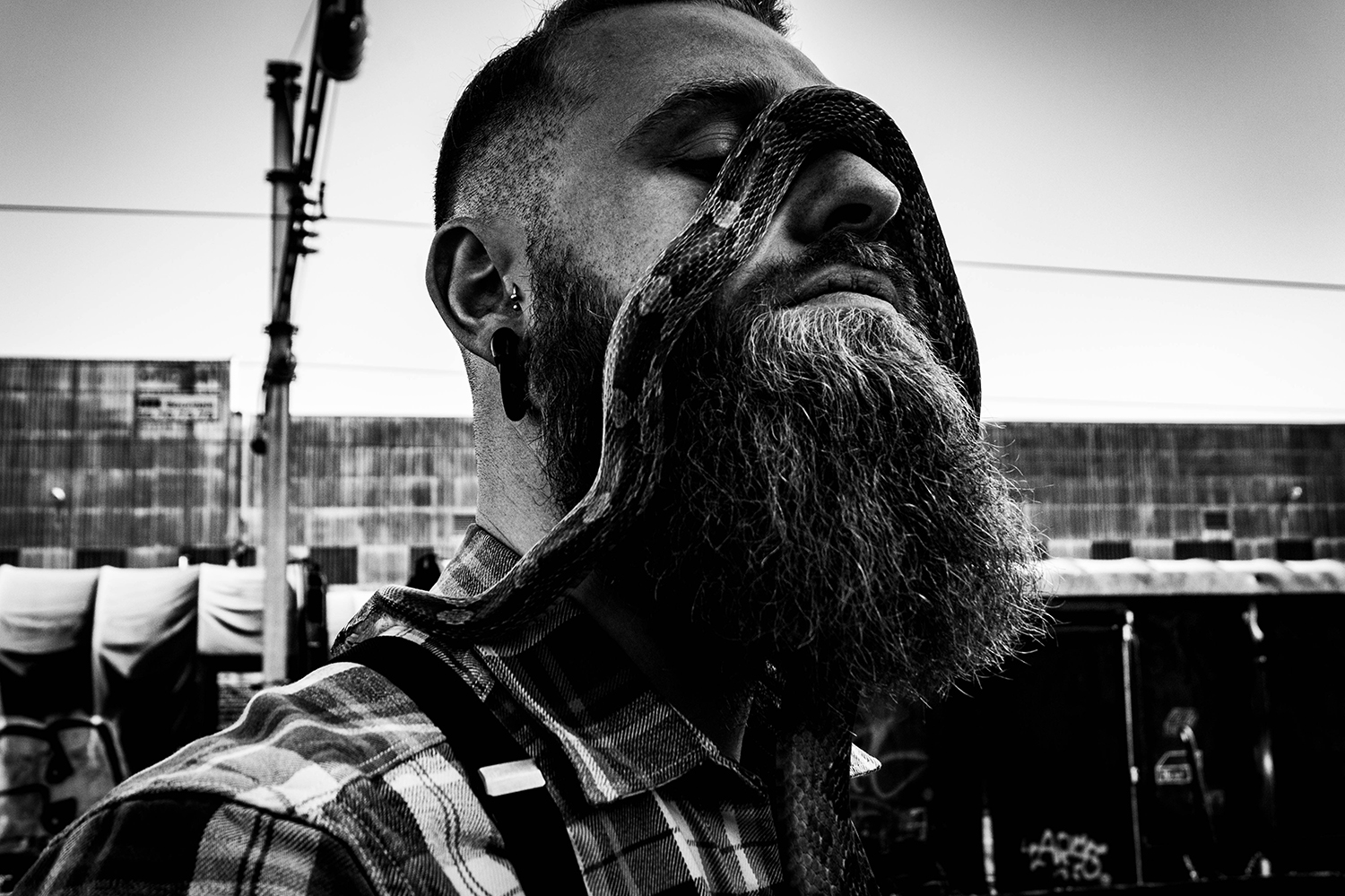 Photographie noir et blanc d'un modèle homme avec un serpent lui glissant sur le visage